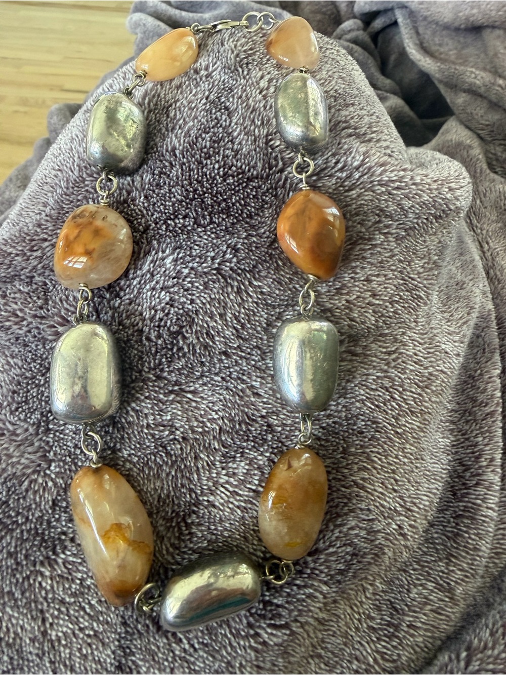 Vintage CHUNKY ESTATE STERLING SILVER & AGATE BEADED NECKLACE 17” LONG
